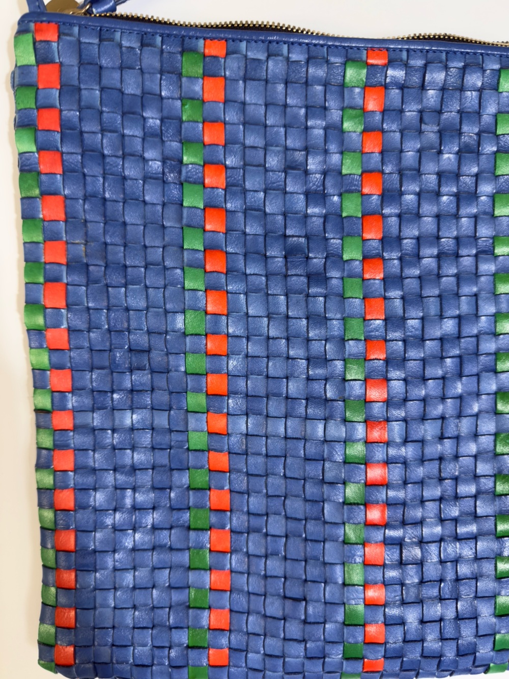 Rare Clare V. Handwoven Leather Messenger Bag Blue Red Green Checkered Stripe - Picture 12 of 15